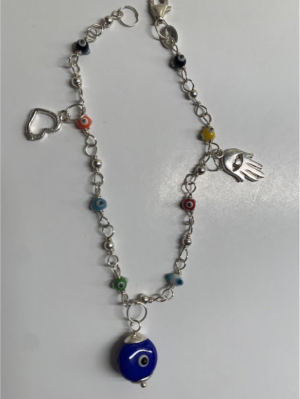 925 Sterling Silver Dark Blue Evil Eye Dangling Bracelet with Heart & Hamsa